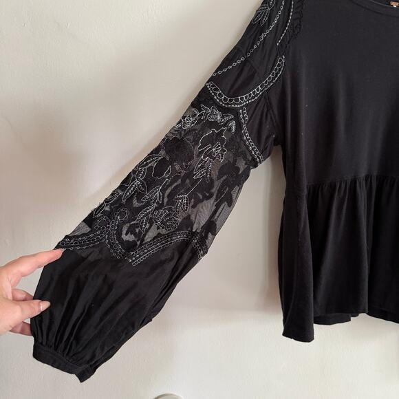 FREE PEOPLE | Black Penny Embroidered Sleeve Boxy Peplum Top | Small - Picture 4 of 8